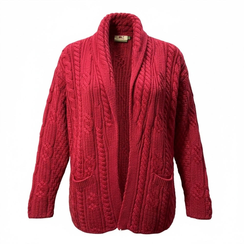 Carraig Donn Cardigan Women L Red Merino Wool Cable Knit Aran Cottagecore Irish